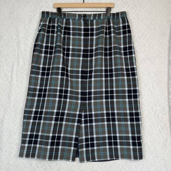 Vtg Flannel Midi Skirt 20W Blue Gray Plaid Old Money Preppy Academia 90s Y2K - Picture 6 of 14